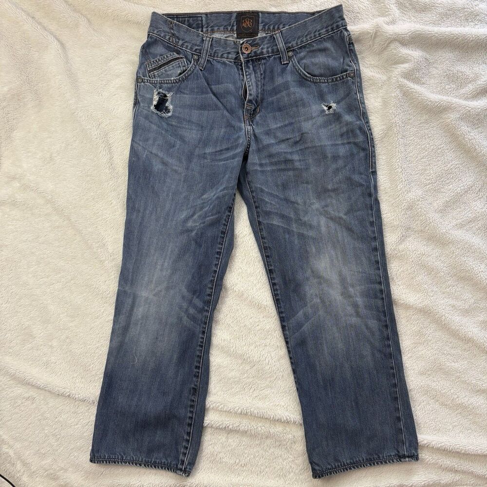 Rock & Republic Jeans Mens 32x25 Straight Leg Dark Blue Grunge Y2K Distressed